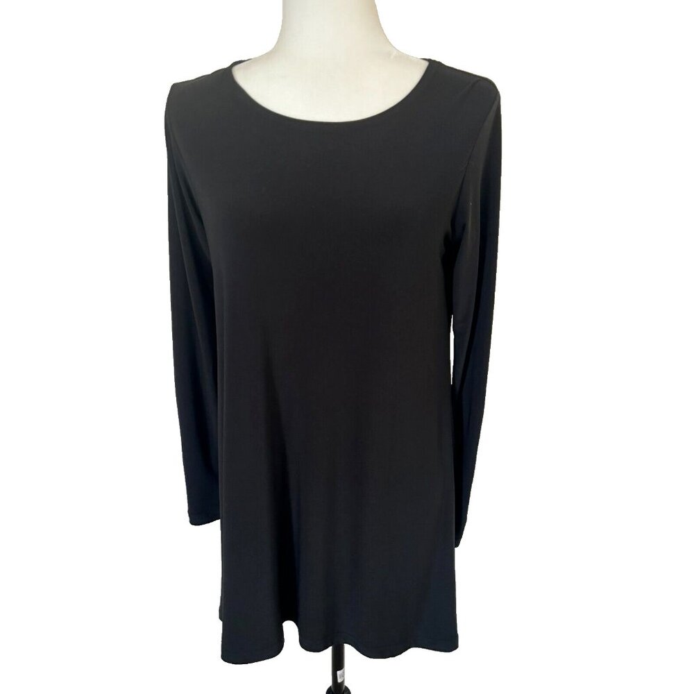SYMPLI Long Tunic Blouse Top Size 6 Black Stretchy Multi Button Sleeve Detail